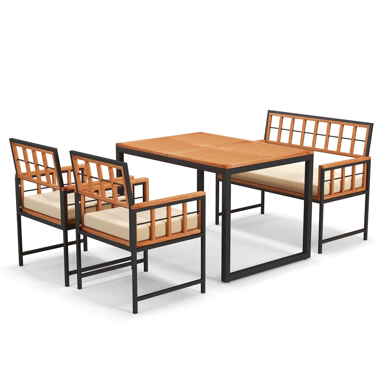 Outdoor Patio Dining Set Acacia Wood 4 Piece Table Loveseat 2 Armchairs Cushion Set